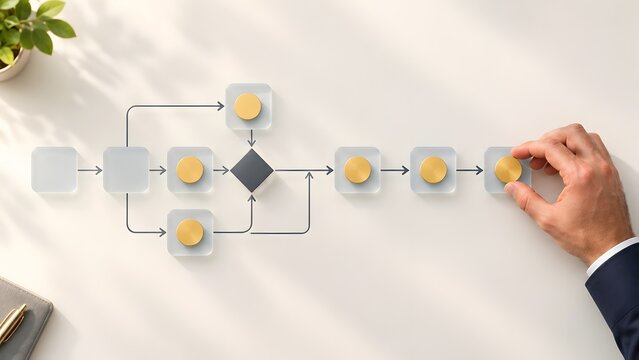 Business manager hand arranging physical process flowchart diagram for strategic workflow optimization and planning