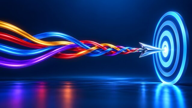 Fast fiber optic cables merging into an arrow hitting a glowing target representing high speed digital precision
