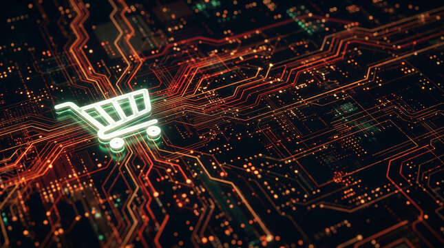Glowing shopping cart icon on a digital circuit board background, symbolizing online shopping and technology innovation