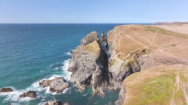View of Gunver Head over Trevone Bay from a drone, Trevone, Padstow, Cornwall, England, United Kingdom, Summer 2026