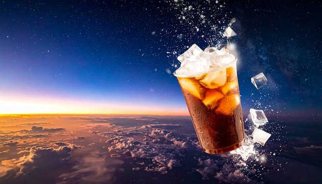 Refreshing cold cola drink with splashing ice cubes floating in outer space above earth clouds at sunrise