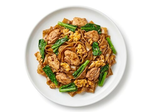 Thai Stir Fried Rice Noodles. Pad See Ew with Chicken and Kale. For Thai restaurant menus, Asian food delivery apps, culinary recipe publications, food culture blogs, and travel advertisement campaign