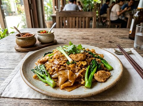 Thai Stir Fried Rice Noodles. Pad See Ew with Chicken and Kale. For Thai restaurant menus, Asian food delivery apps, culinary recipe publications, food culture blogs, and travel advertisement campaign