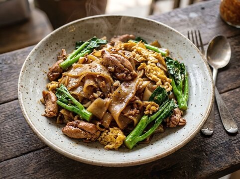 Thai Stir Fried Rice Noodles. Pad See Ew with Chicken and Kale. For Thai restaurant menus, Asian food delivery apps, culinary recipe publications, food culture blogs, and travel advertisement campaign