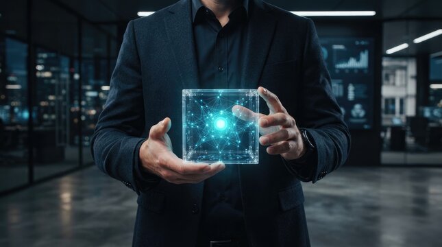 A professional man in a suit presents a glowing holographic display with advanced futuristic data visualization indoors