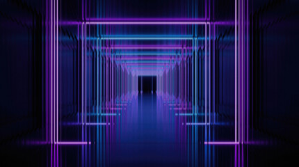 Fototapeta premium Futuristic neon tunnel with glowing purple and blue lines creating an abstract high tech digital corridor background 3d render