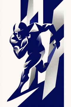 Football athlete breaking through angular barriers in bold cobalt and silver design