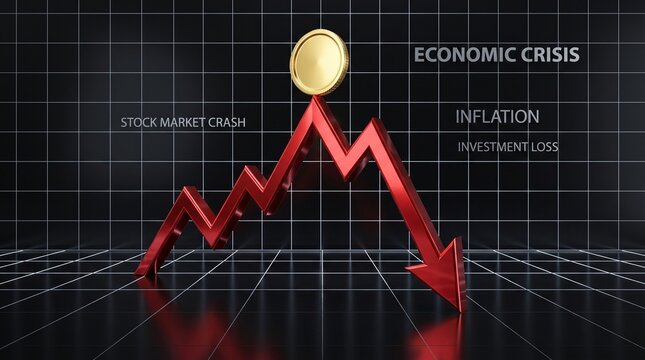 Red downward arrow graph with gold coin for economic crisis and market crash concept.