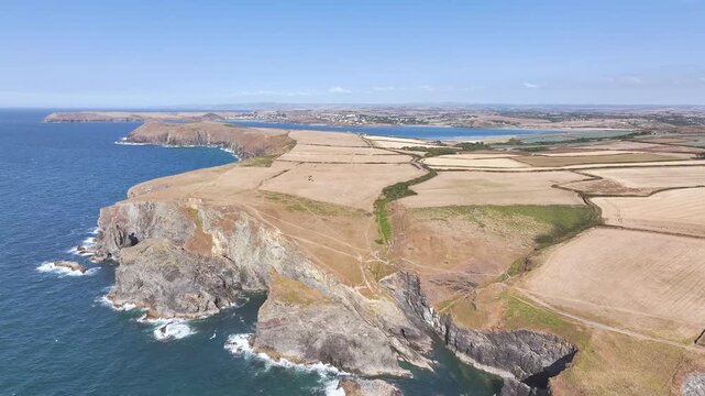 View of cliffs over Gunver Head and Trevone Bay from a drone, Trevone, Padstow, Cornwall, England, United Kingdom, Summer 2026