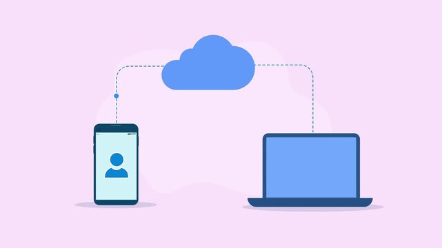 Flat vector animation showing cloud user synchronization between a smartphone and laptop with profile icons on a soft pink background.