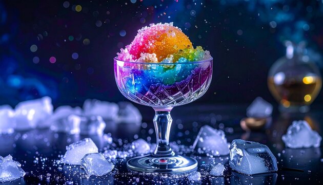 Glowing multi-colored shaved ice dessert in an elegant crystal glass surrounded by ice cubes