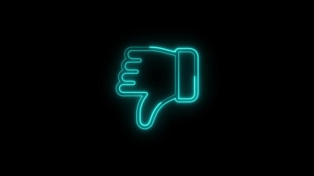 Cyan Neon Thumbs Down Icon on Black Background, Dislike, Rejection and Negative Feedback Symbol Animation