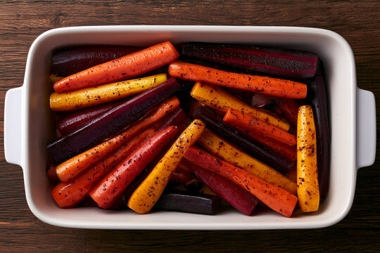 Root vegetables arranged in a white dish for cooking