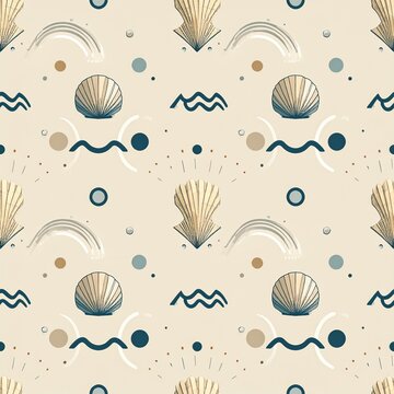 Boho nautical seashells and geometric abstract waves seamless pattern
