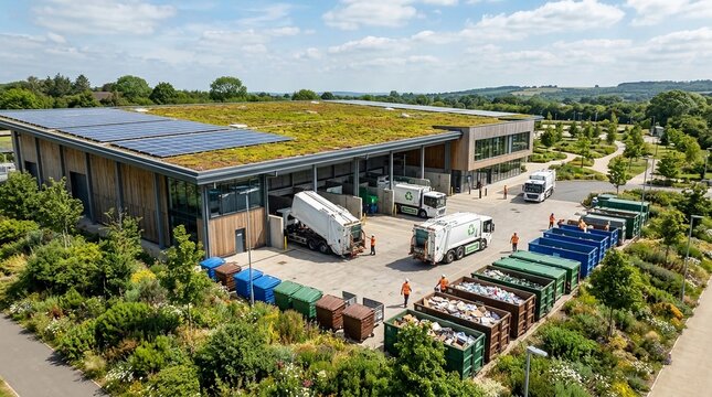 Modern recycling facility with green roof, solar panels, waste collection trucks, and organized bins under a bright sky