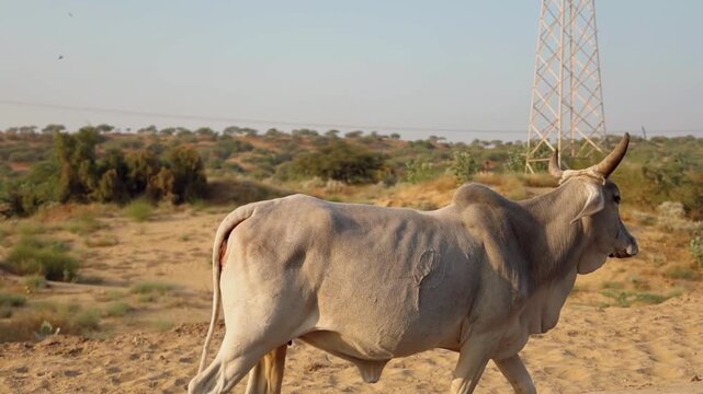 Majestic zebu bull walking through an arid desert field
