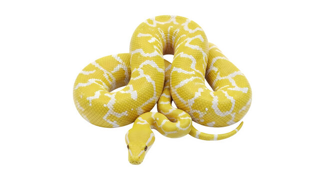 Stunning bright yellow and white pattern albino python snake isolated on a clean transparent background for wildlife design