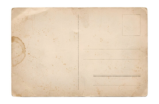 Vintage postcard reverse side with stamp box and address lines on aged isolated on transparent background.