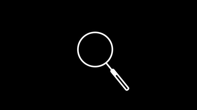 Clean white magnifying glass search icon animation on a black background, suitable for web interfaces, search functions, applications, tutorials, presentations and motion graphics.