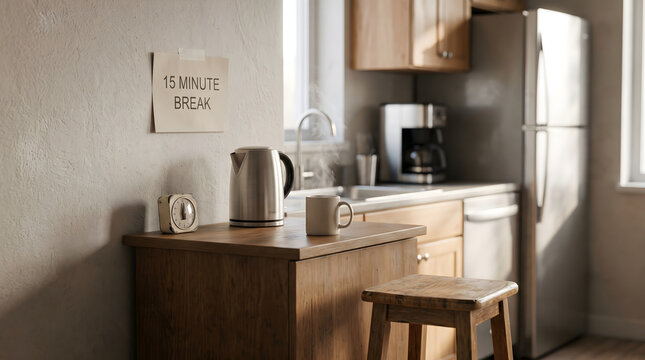 A 15 minute break with hot coffee and kettle in a cozy kitchen setting with a wooden counter and timer