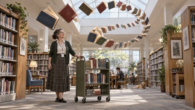 Librarian directs flying books into a spiral inside a quiet community library