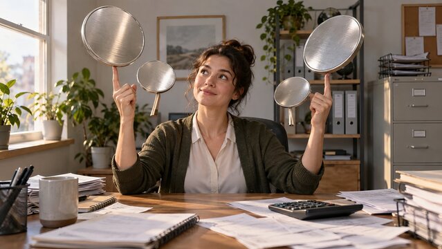 Bookkeeper balances oversized coins like plates in a quiet small office