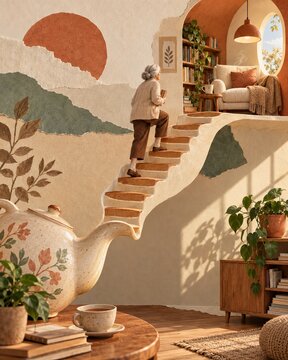 Senior woman climbing a teapot staircase inside a calm reading nook