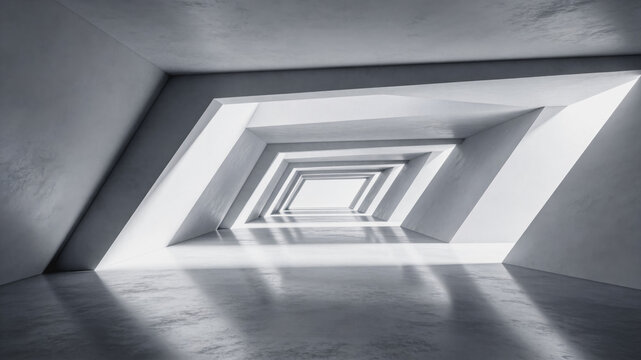 A minimalist monochrome interior featuring a repeating geometric tunnel structure, creating depth and perspective through clean lines and symmetry.