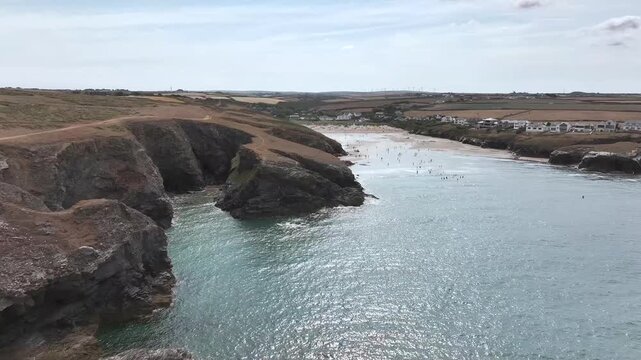 Farms and Fields over Cliffs and Porthcothan Bay from a drone, Porthcothan, Padstow, Cornwall, England, United Kingdom, Summer 2026