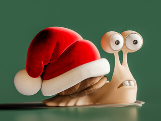 Funny snail wearing Santa's hat on green background. Christmas greeting card design. 3D Rendering, 3D Illustration © hd3dsh