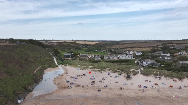 View of Porthcothan and Porthcothan Beach from a drone, Porthcothan, Padstow, Cornwall, England, United Kingdom, Summer 2026
