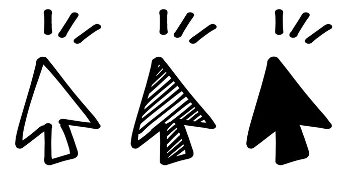 Hand drawn cursor icon set with doodle mouse pointer illustrations