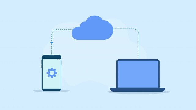 Flat vector animation showing cloud device configuration between a smartphone and laptop with gear icons on a light blue background.
