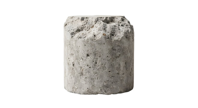 Raw textured concrete cylinder block sculpture with rough weathered surface isolated on black background
