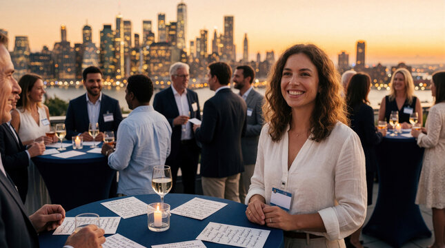 Professionals gather on rooftop terrace at dusk reunion. People network, chat, and share career notes with city skyline background. Drinks served at elegant evening event.