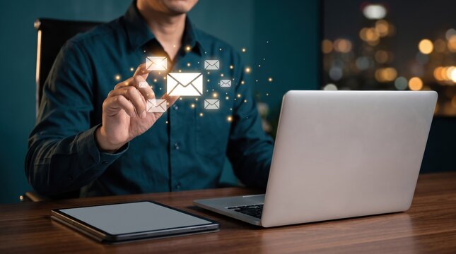 Business professional using digital email marketing interface on laptop and tablet, showcasing online communication, newsletter campaign, inbox management, customer support and modern technology