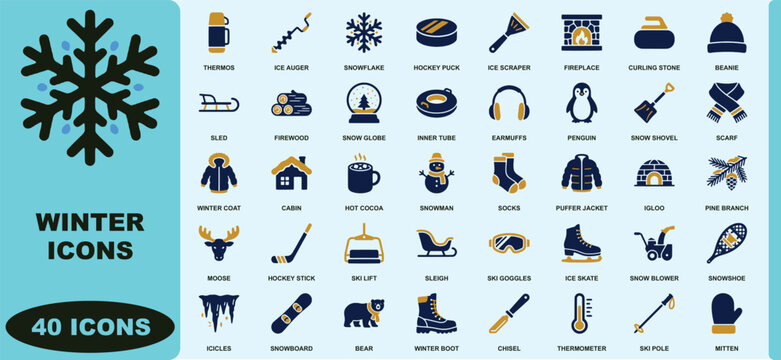 Winter season set featuring cold weather gear, snow activities, and festive holiday thermos
