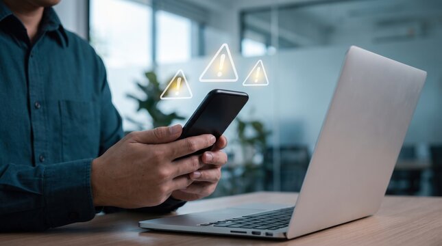 Mobile security warning alert concept showing smartphone risk detection, cybersecurity protection, fraud prevention, threat monitoring, data security, suspicious activity alerts, risk management.