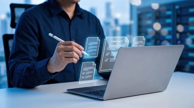 Business professional signing digital documents on a laptop with a stylus, representing electronic signatures, contract approval, document management, legal agreements, secure digital transactions.