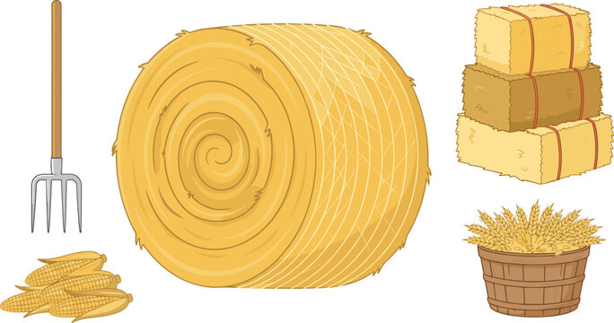 Agriculture and Farming Hay Vector Element Set Featuring Large Round Haybale Straw Bales Pitchfork Corn Ears and Wheat Basket Icons