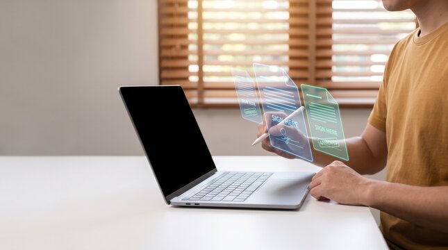Business professional signing digital documents on tablet with virtual contract interface, electronic signature, online approval workflow, secure authentication, paperless document management system