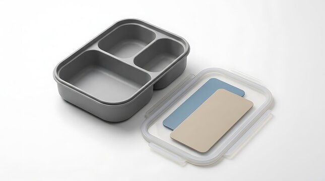 Empty grey plastic bento lunch box with three compartments and a clear lid with colorful inserts. customizable school lunchboxes