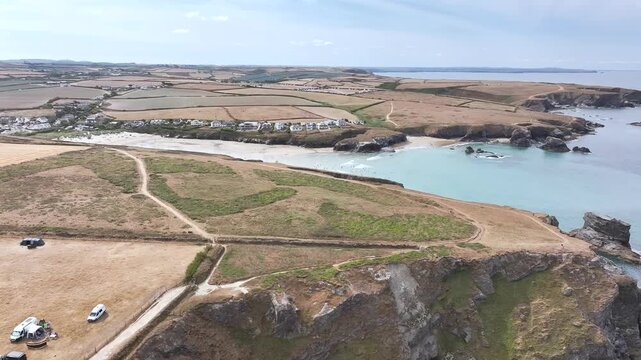 Farms and Fields over Cliffs and Porthcothan Bay from a drone, Porthcothan, Padstow, Cornwall, England, United Kingdom, Summer 2026