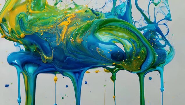 Vibrant 4K abstract stock background featuring fluid green yellow and blue ink grains diffusing smoothly through water generating a colorful artistic texture for modern digital design
