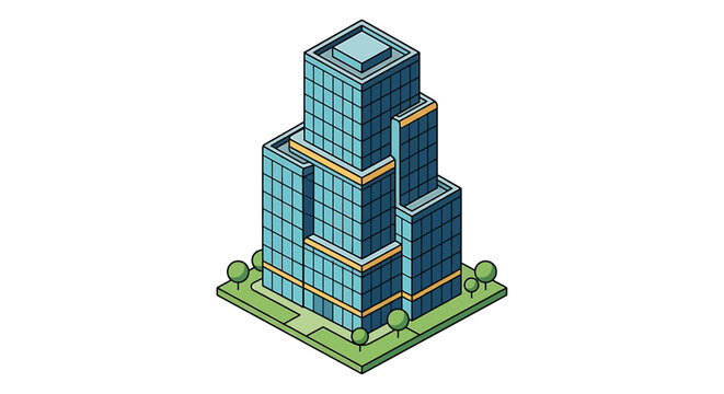 Isometric building with blue glass facade and surrounding greenery stands on a light green base architecture skyscraper