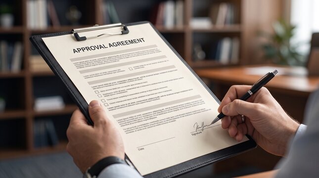 Business man signing an approval agreement document on a clipboard in an office setting