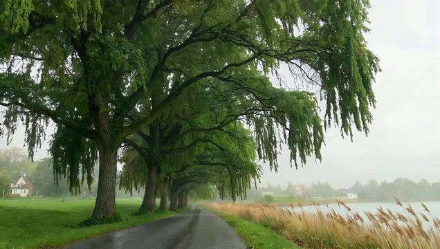 Moody 4K countryside tracking shot featuring large ancient willow trees standing beside a quiet rural asphalt road engulfed in thick morning fog bordered by fields of golden dry grass