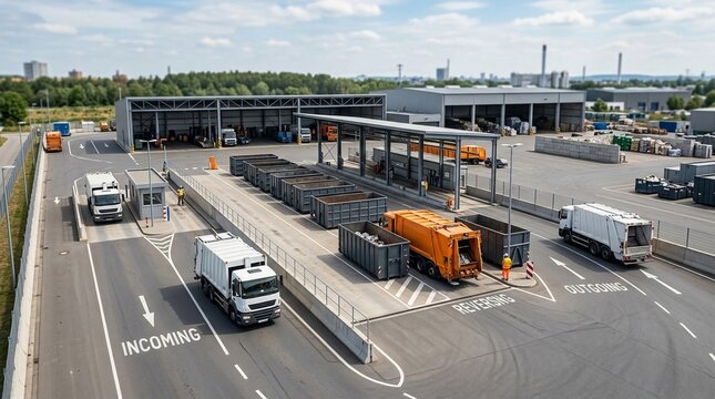 Municipal Rubbish Collection Facility with Trucks and Recycling Bins at a Waste Transfer Station