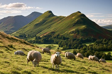 Obraz premium Herdwick sheep grazing on the grassy slopes of Catbells in the English Lake District