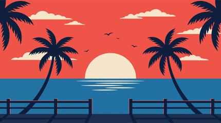 Fototapeta premium Tropical Sunset Beach Flat Design Illustration with Palm Trees